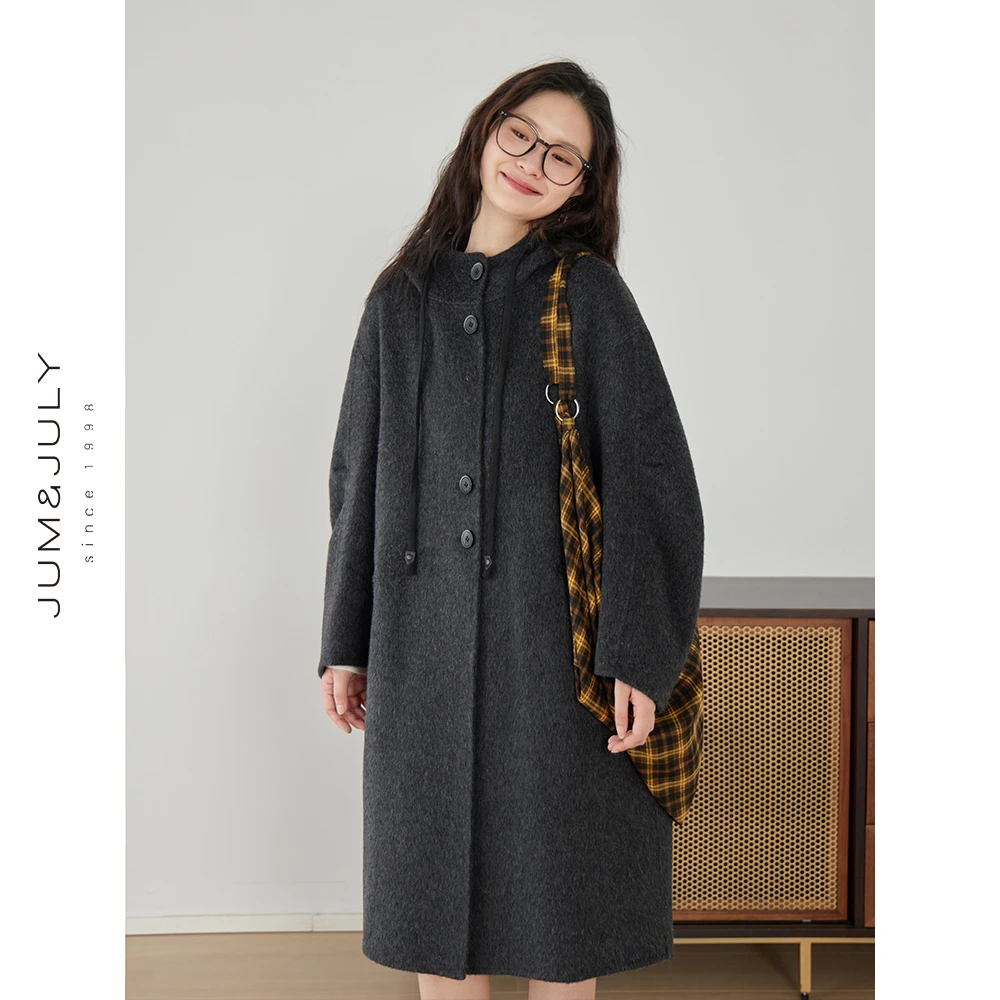 2024连帽双面呢大衣女小个子宽松双面羊毛外套长款D1009