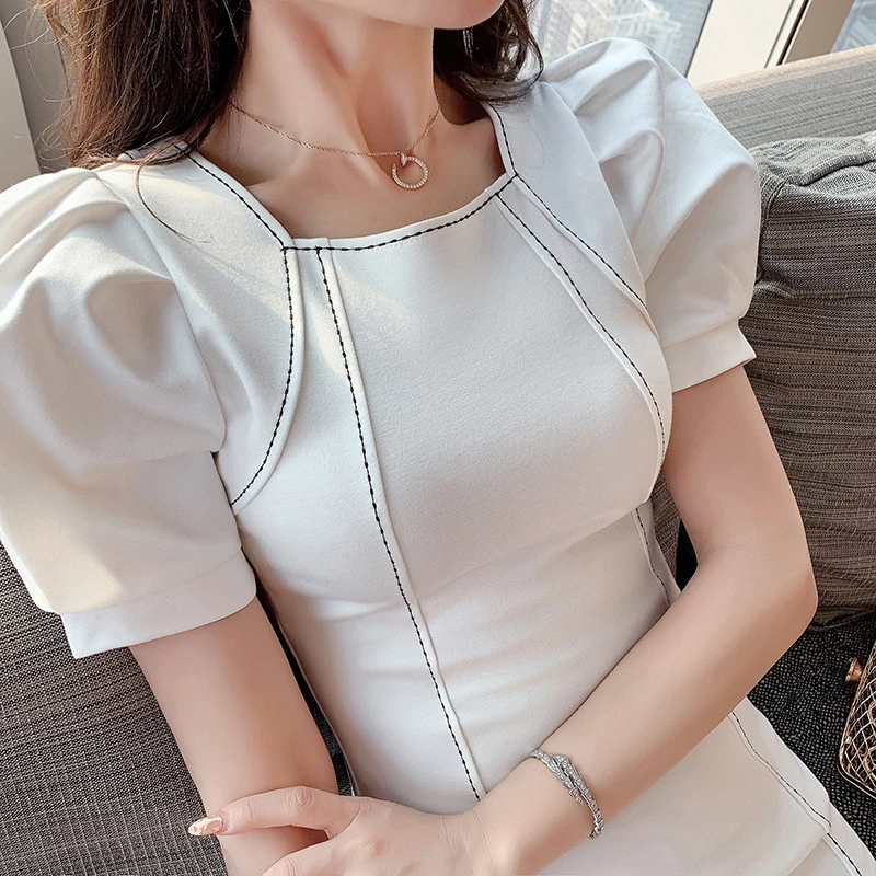 白色连衣裙夏季新款韩版气质方领修身中长款包臀裙法式裙子77227