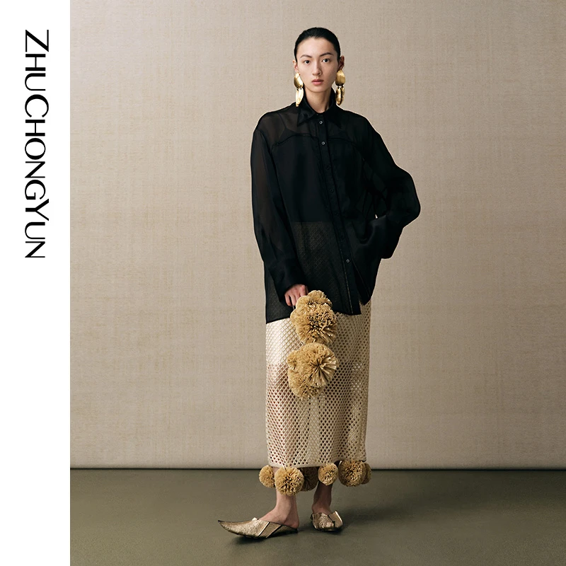 【大秀同款】ZHUCHONGYUN2025夏新款欧根纱缎面刺绣薄衬衫C1FZ20529