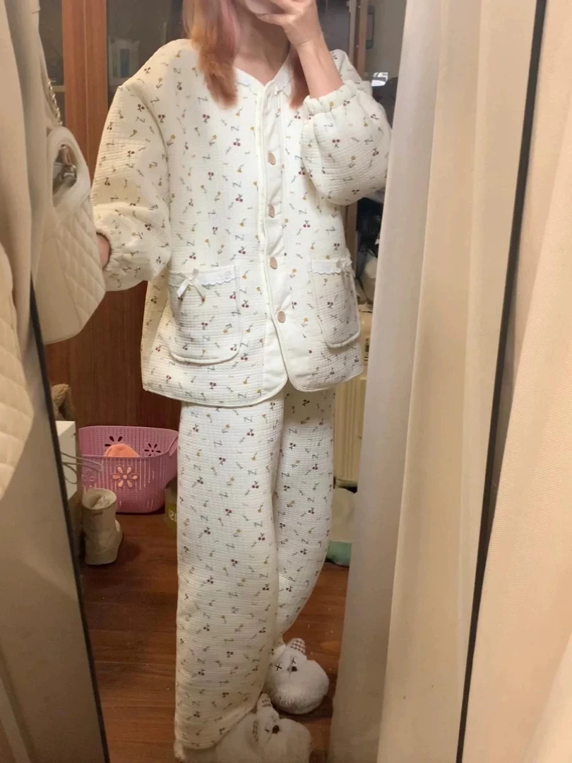 2025新款睡衣女秋冬空气棉甜美风碎花加厚长袖长裤宽松家居服套装