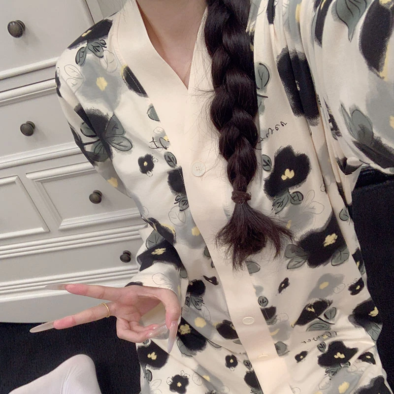 复古花朵纯棉长袖开衫女士睡袍春秋季爆款全棉睡裙睡衣女款家居服