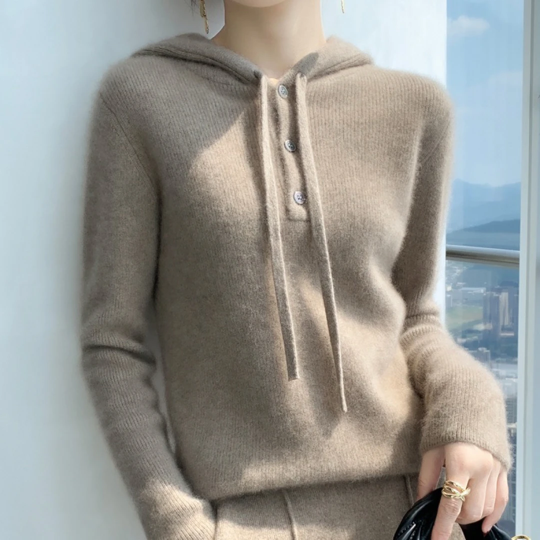 价已开 100%羊毛衫秋冬新款慵懒风宽松百搭连帽卫衣时尚款