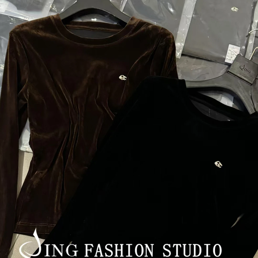 《顶配丝绒长袖》1689纯色圆领丝绒短袖T恤女装舒适百搭宽松上衣