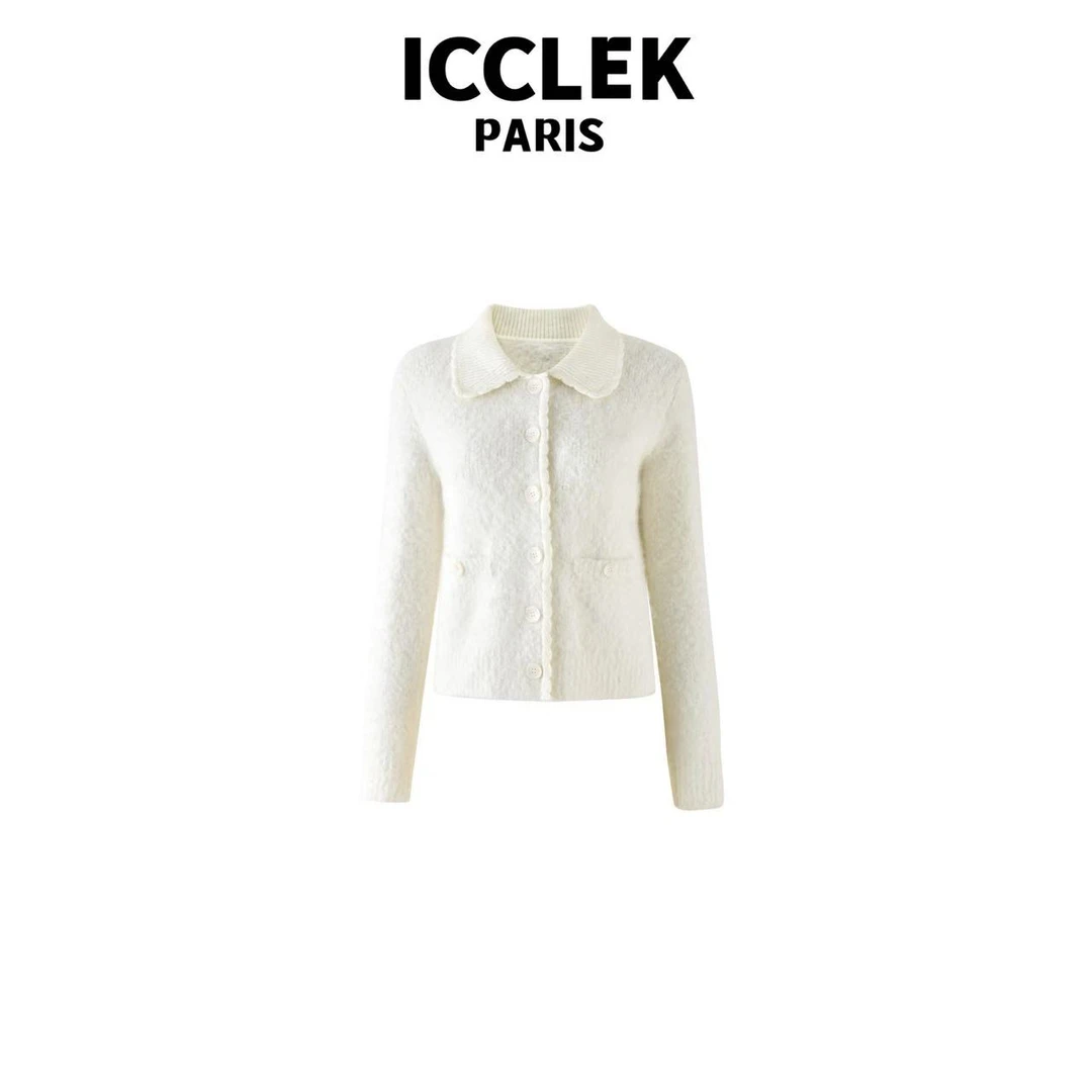 ICCLEK 白色翻领长袖针织衫气质轻奢名媛减龄百搭显瘦气质 - 5094