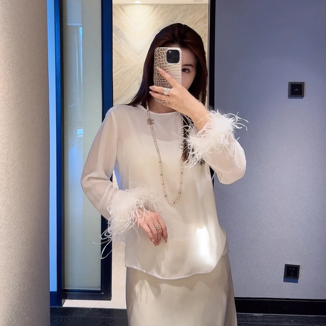 Lillieee-白月繁星 新中式国风真丝圆领两色百搭宽松上衣