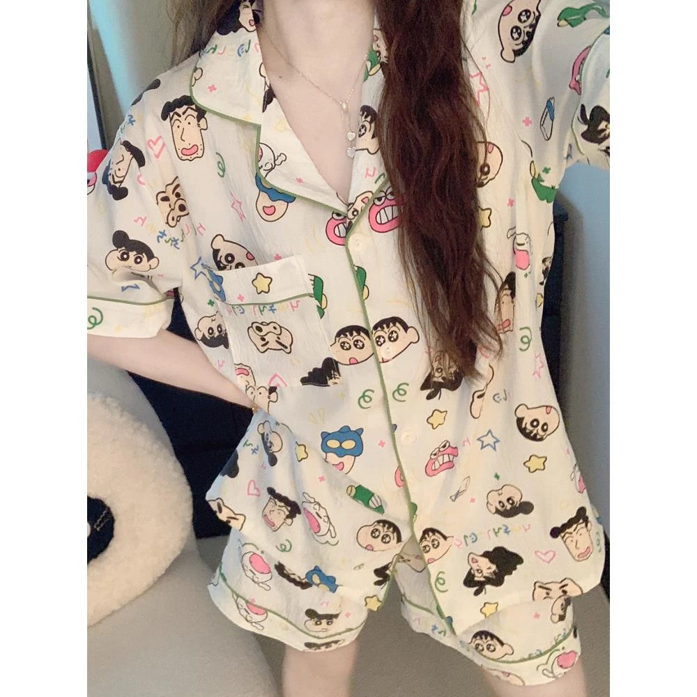 蜡笔小新女大学生睡衣夏季款薄款短袖纯棉纱布卡通可爱家居服套装
