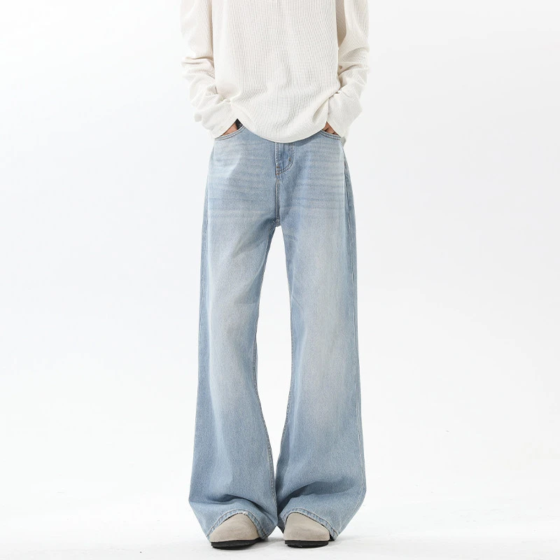 DeweLvum美式复古水洗蓝色牛仔裤男新款潮牌宽松直筒百搭微喇长裤