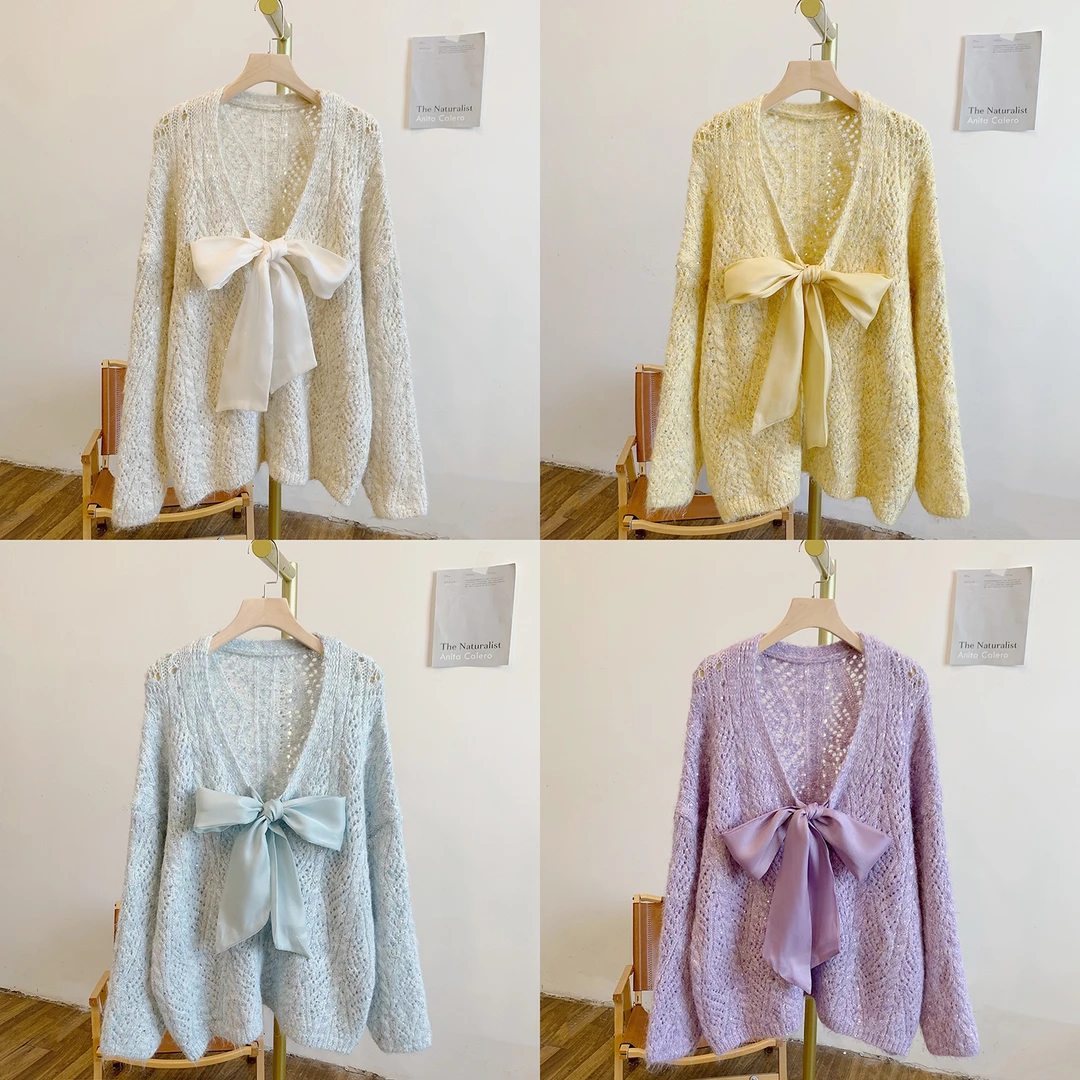 蝴蝶结毛衣C4623亮片系带蝴蝶结V领针织开衫毛衣