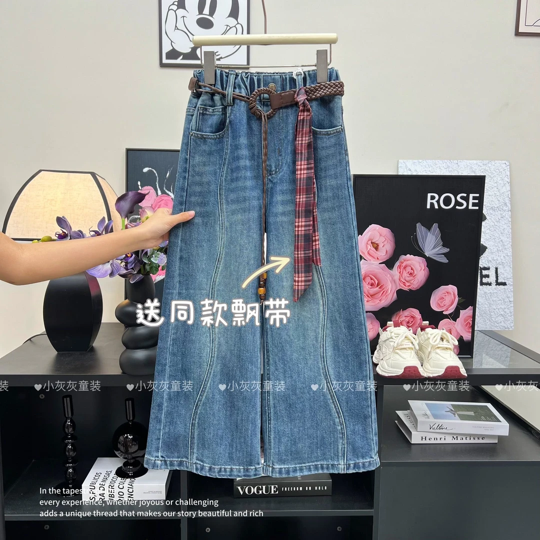 【送同款飘带~】2025秋款爆款女童波浪休闲直筒牛仔裤(不含腰带)