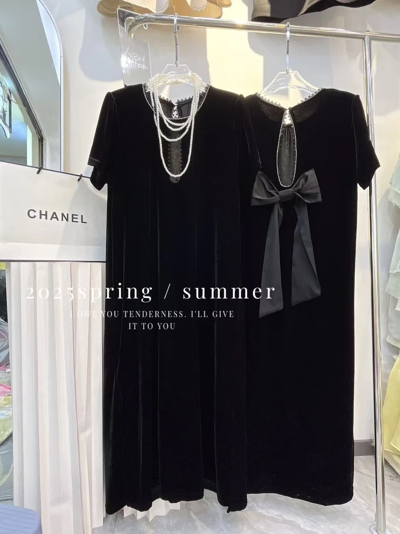 大码夏季纯欲黑色金丝绒露背蝴蝶结开叉显瘦遮肉半袖连衣裙309