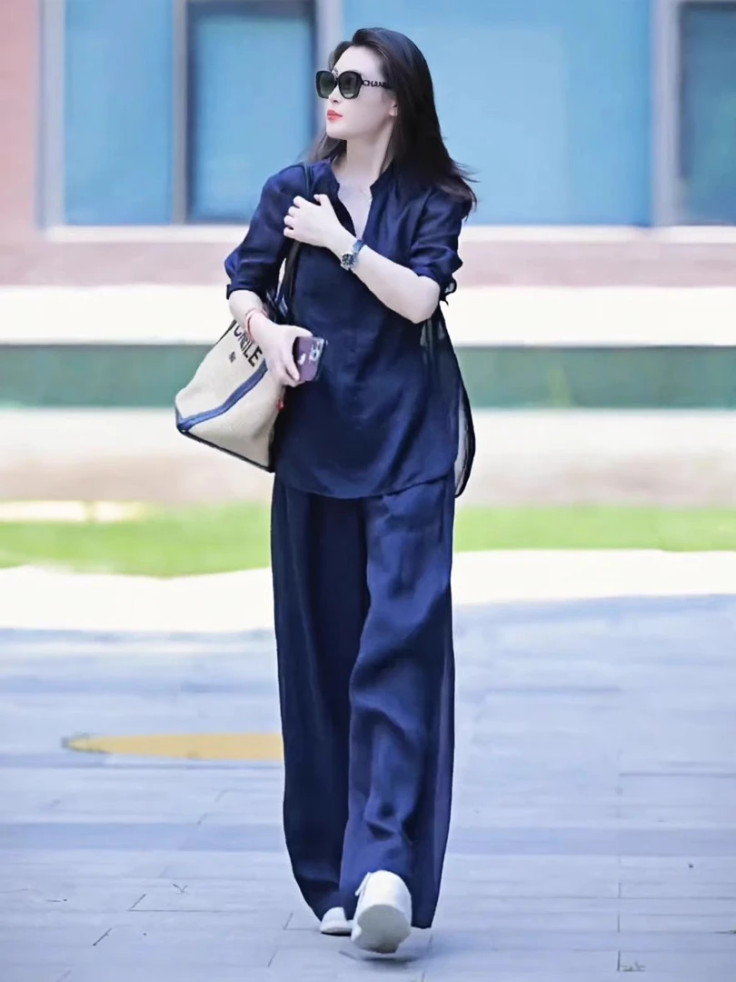 胖mm高级感休闲显瘦套装女夏季大码宽松减龄气质薄款阔腿裤两件套