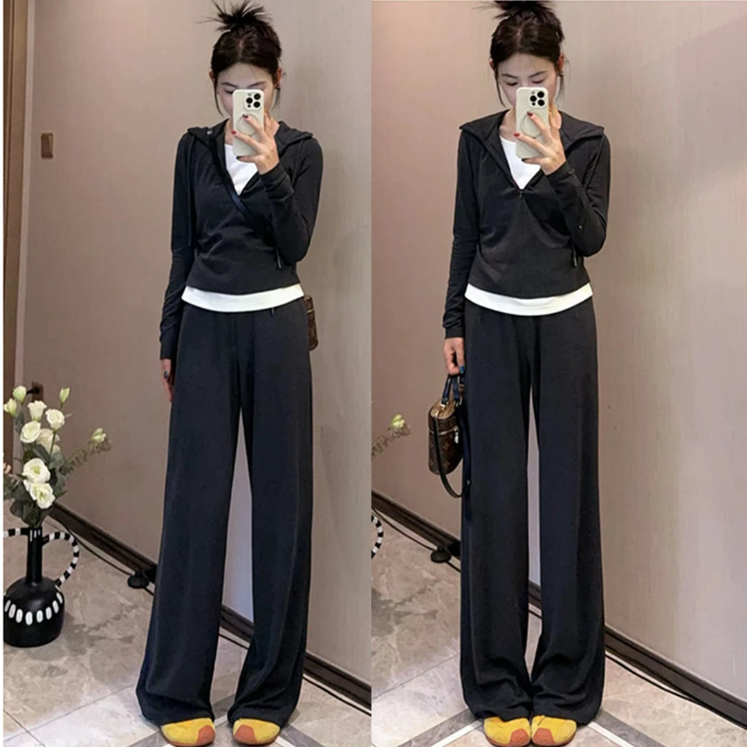 早秋穿搭一整套女时尚假两件半拉链连帽上衣高腰显瘦休闲裤两件套