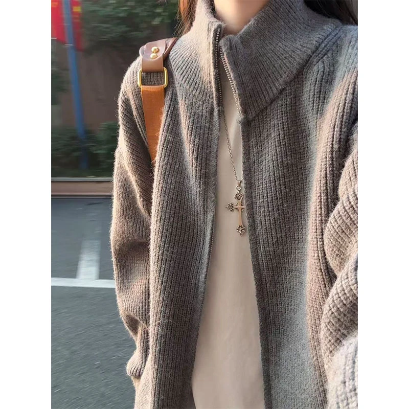 美式复古双拉链针织开衫男女款早秋季设计感休闲慵懒风立领毛衣