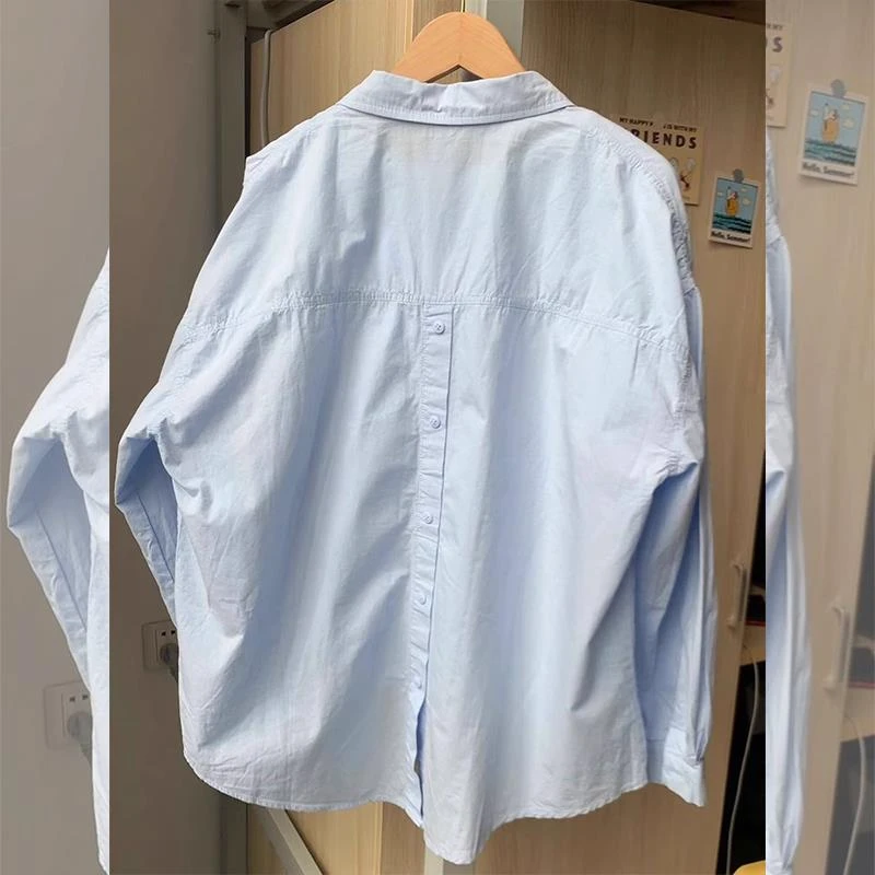 法式蓝色防晒衬衫女夏季薄款小个子宽松长袖衬衣外套休闲韩系上衣