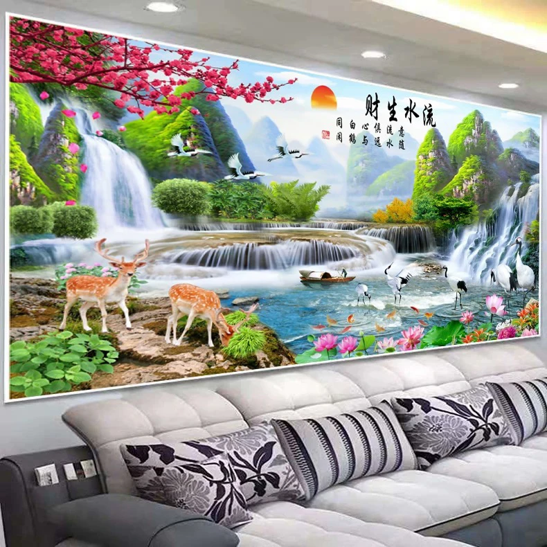 纯手工绣好的十字绣成品不带裱框流水生财风景山水客厅办公室挂画