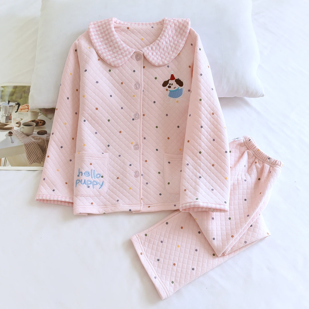 米筱米儿童秋冬纯棉空气层睡衣套女童全棉可爱点点小狗亲子家居服