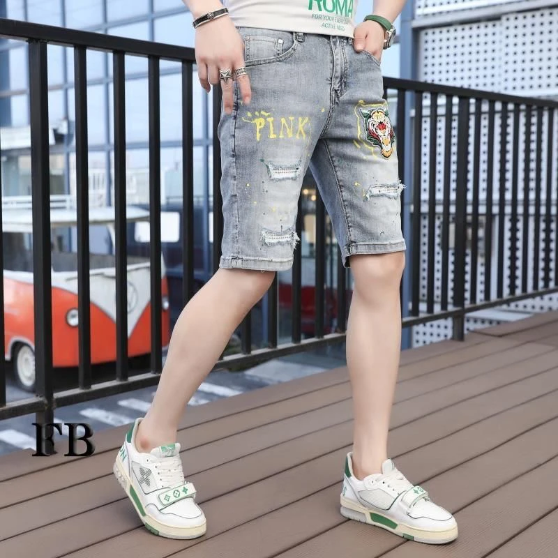 欧洲站夏季男士短裤小脚修身潮牌休闲五分裤破洞弹力中裤子薄款5