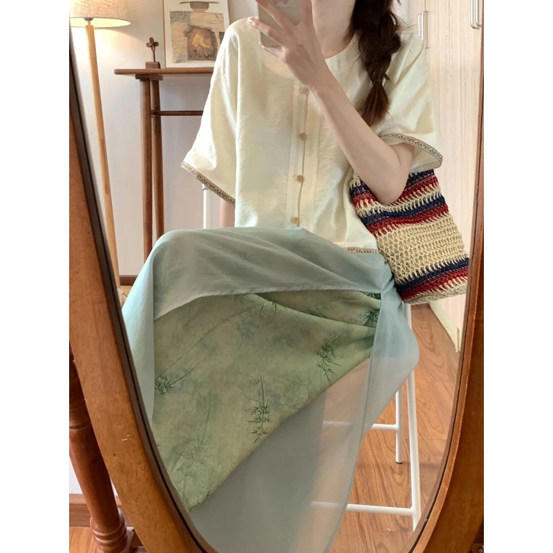 新中式女装国风清冷感穿搭禅意改良汉服上衣古风阔腿裙裤两件套装