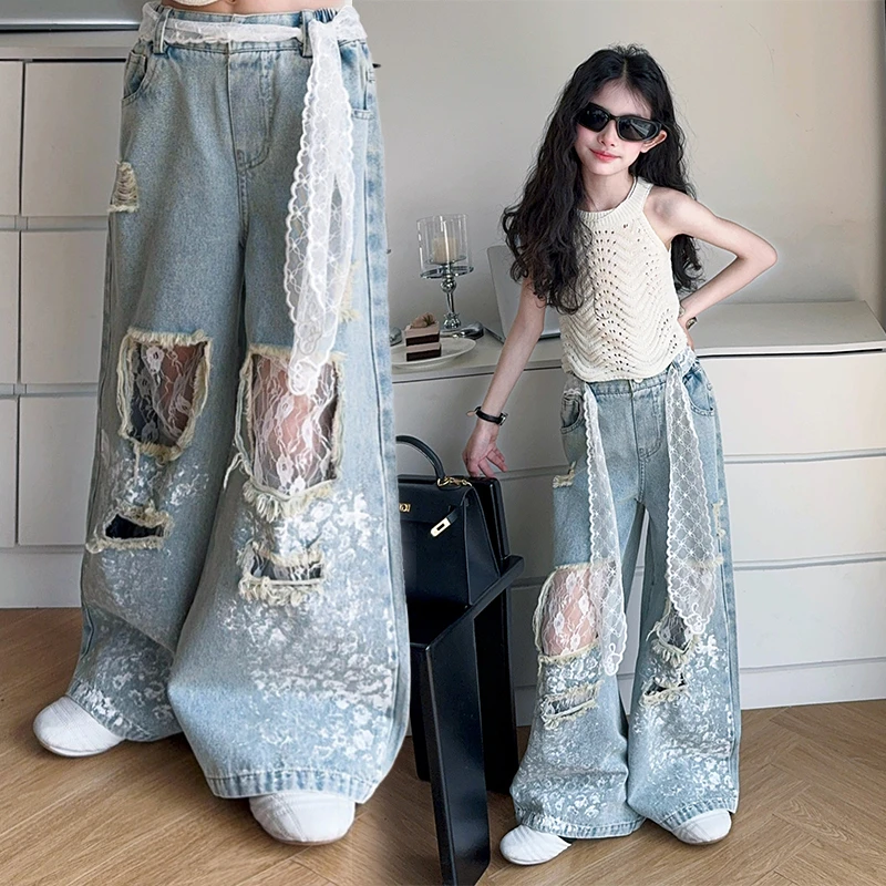 童装女童夏季新款潮酷花边破洞牛仔裤6-12岁15中大童小女孩牛仔裤