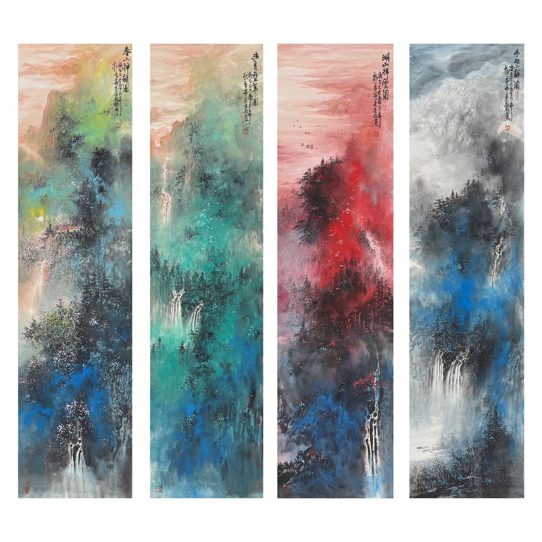 【墨漓】钟杏林 138x35cm*4 四条屏 春夏秋冬泼彩山水纯手绘国画