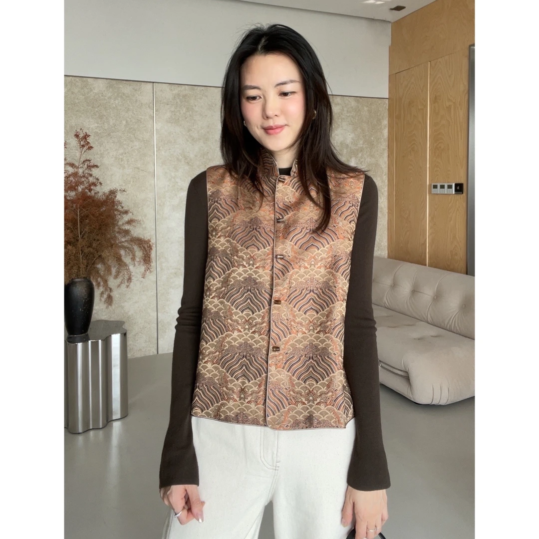 瑞瑞ANNYRUI【宋锦马夹】40姆米香云纱涂泥老宋锦江涯海水纹马夹