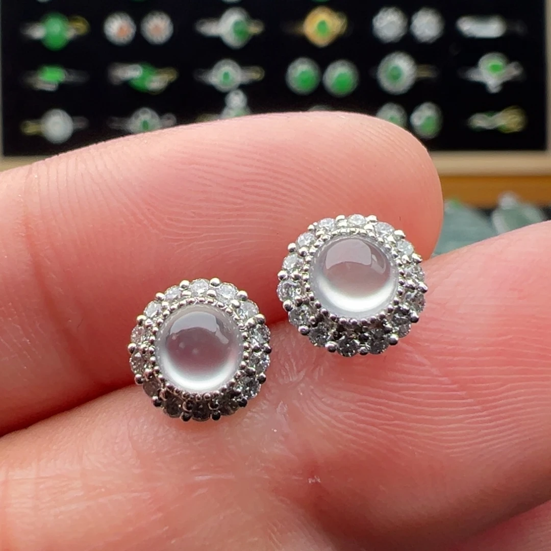 翡翠18K金镶嵌耳饰蛋面4.6