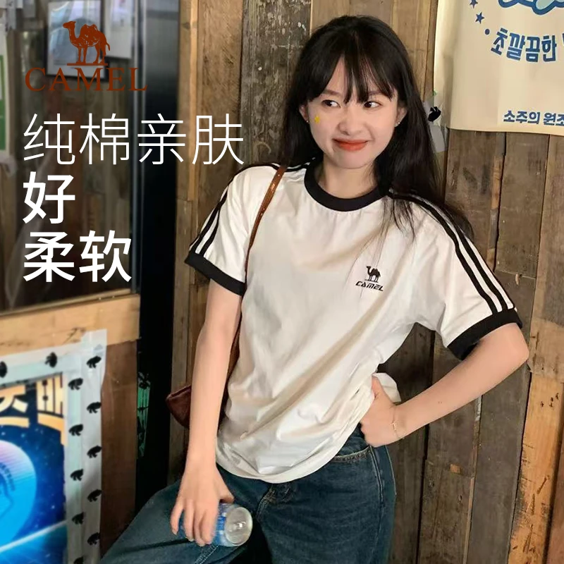 夏日骆驼运动T恤女欧若风纯棉短袖 2025春新款情侣宽松休闲上衣男