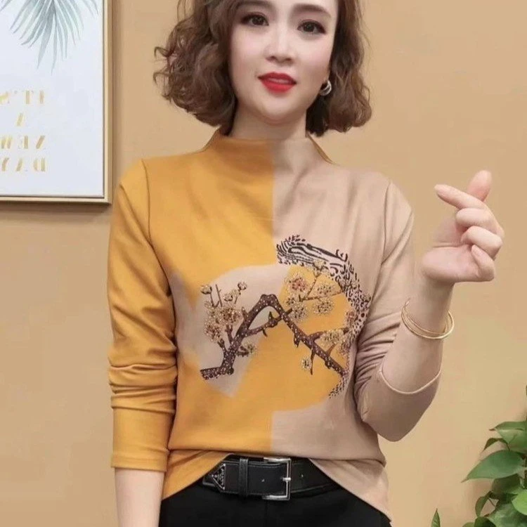 一件代发直播爆款2024冬季款时尚新中式国风半高领拼色打底衫上衣