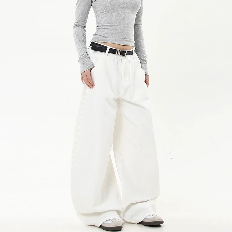 美式复古立体剪裁纯白色弯刀牛仔裤Cleanfit宽松阔腿裤