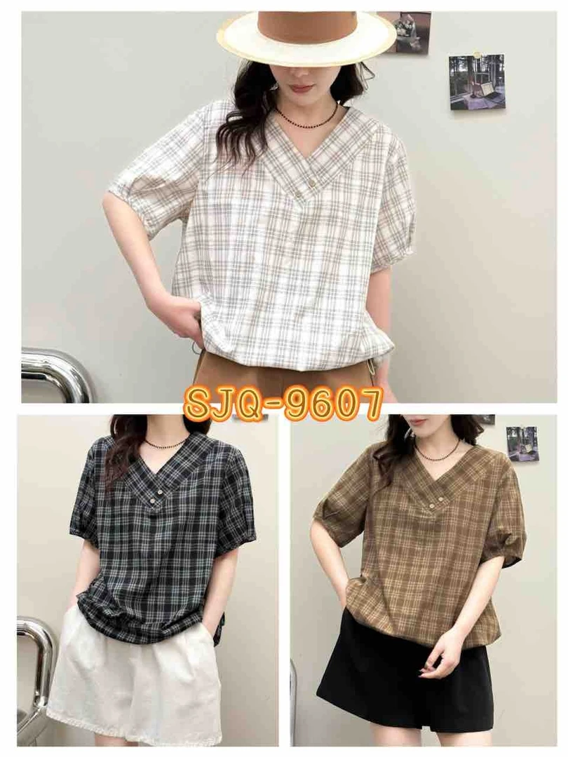 9607 短袖格子V领拼接休闲风短款T恤时尚套装宽松格纹百搭