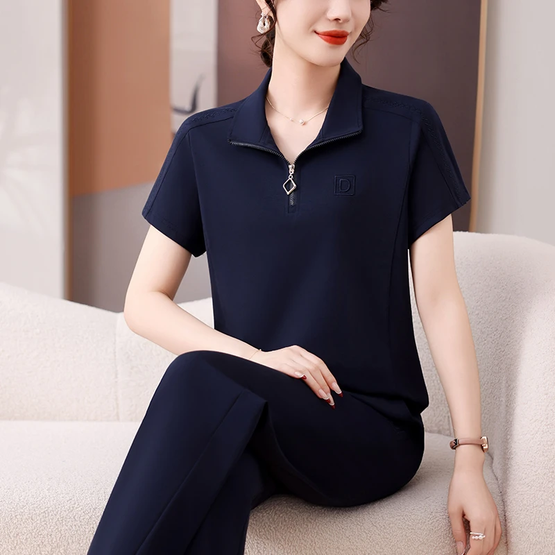 时尚妈妈夏季运动服套装2025新款中老年短袖上衣女宽松显瘦两件套