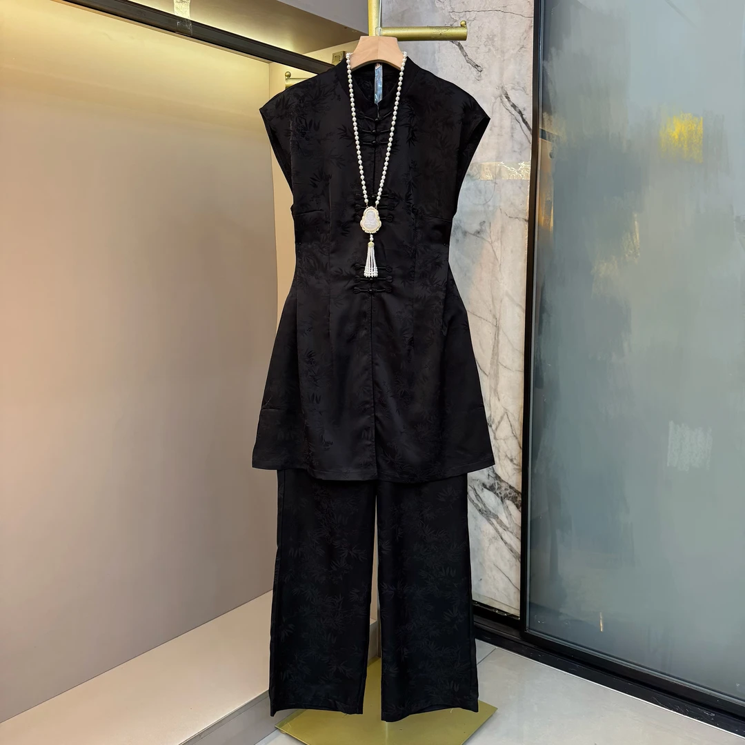 2025新中式国风复古竹子印花落肩袖盘扣开叉+阔腿裤老钱风套装910