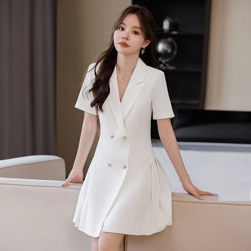 七谷娘白色职业连衣裙高级感夏季短袖气质休闲修身双排扣西装裙子