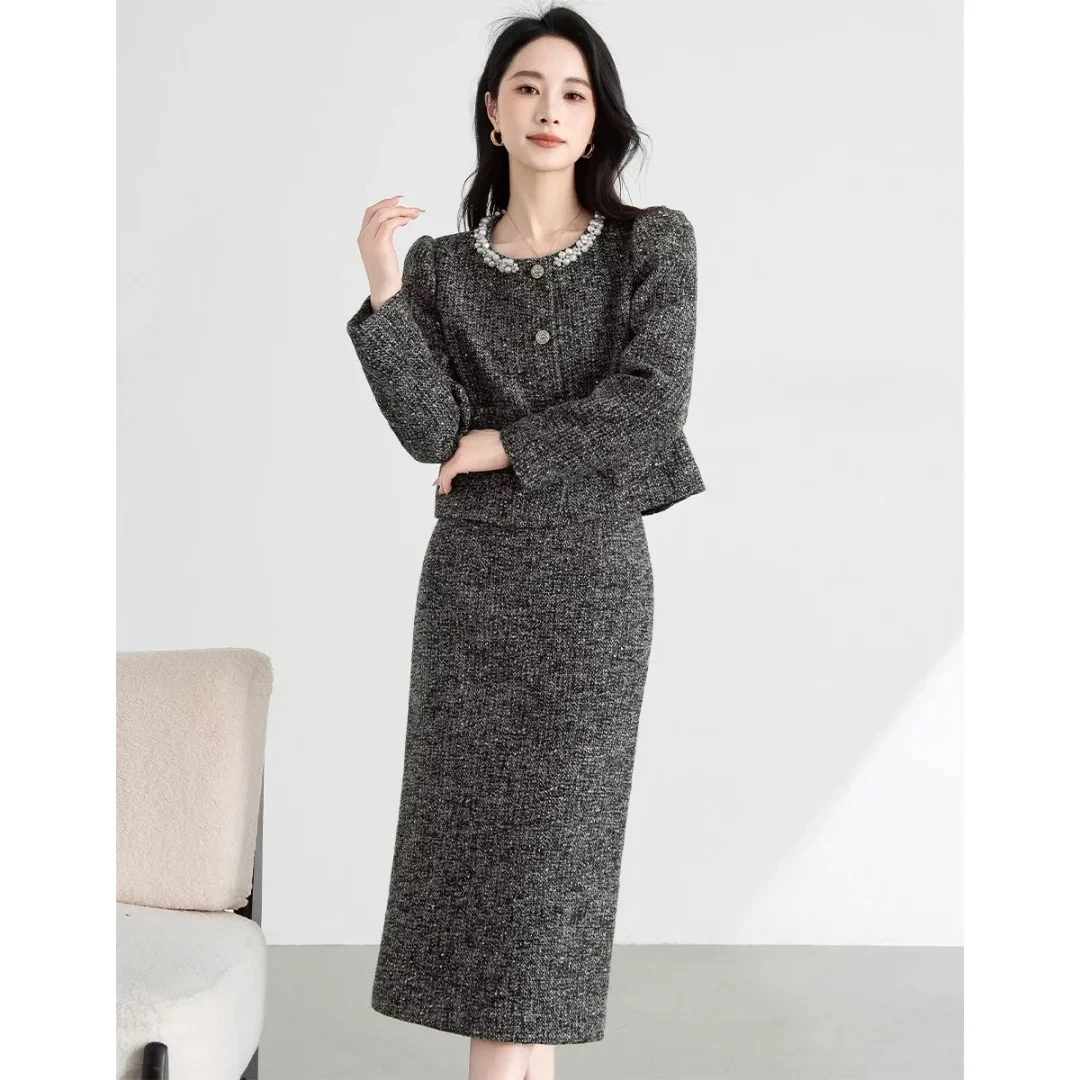 燕妮雅姿法式时尚套装气质显瘦套装复古时尚修身长裙长袖收腰T357