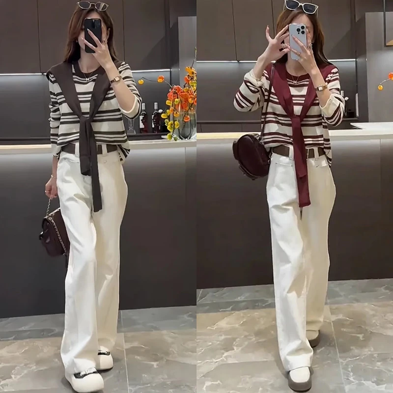 入秋穿搭一整套女条纹披肩针织衫休闲裤两件套小个子气质显瘦套装