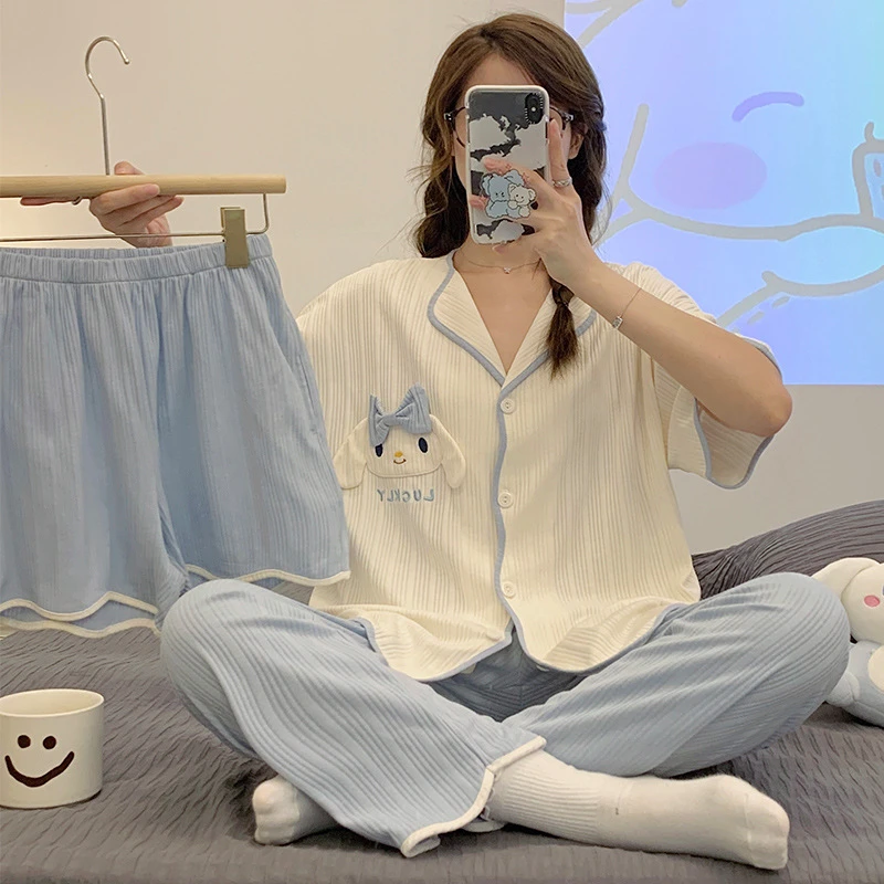 2025新款睡衣女夏开衫短袖长裤套装可外穿夏季大码三件套