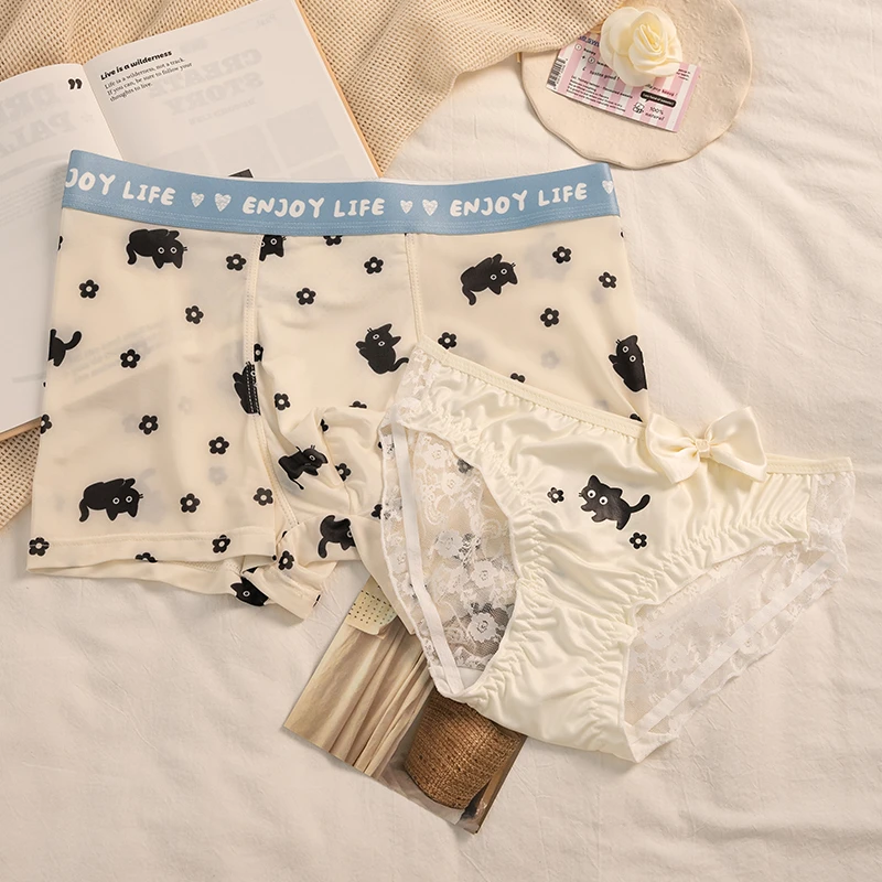 小黑猫~冰丝情侣内裤薄款一男一女卡通可爱纯欲蕾丝三角裤平角裤