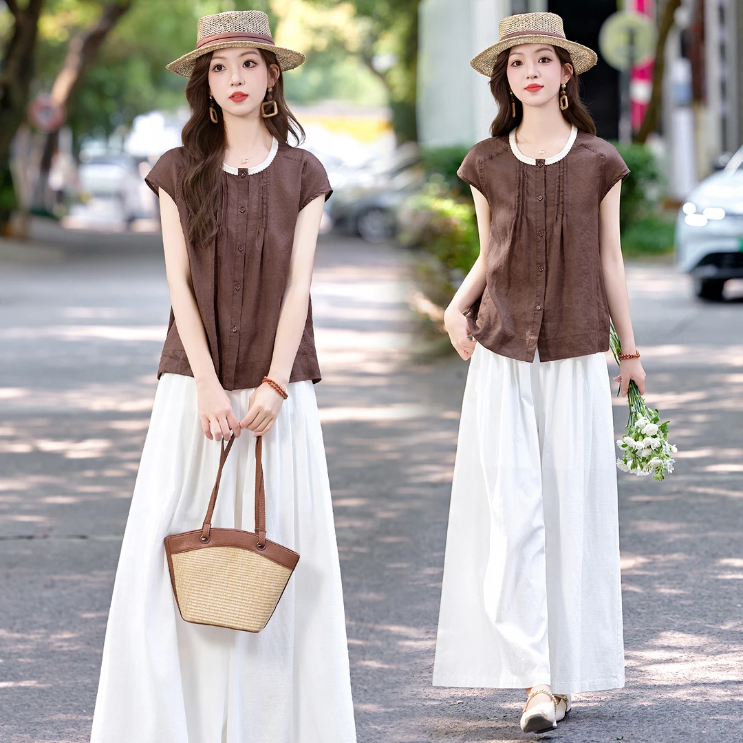 时尚减龄休闲套装2025夏季新款短袖上衣高腰显瘦阔腿裤两件套潮款