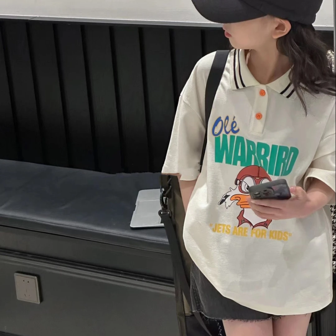 韩国童装女童Polo衫洋气时髦2025新款女孩春夏韩版宽松短袖T恤潮