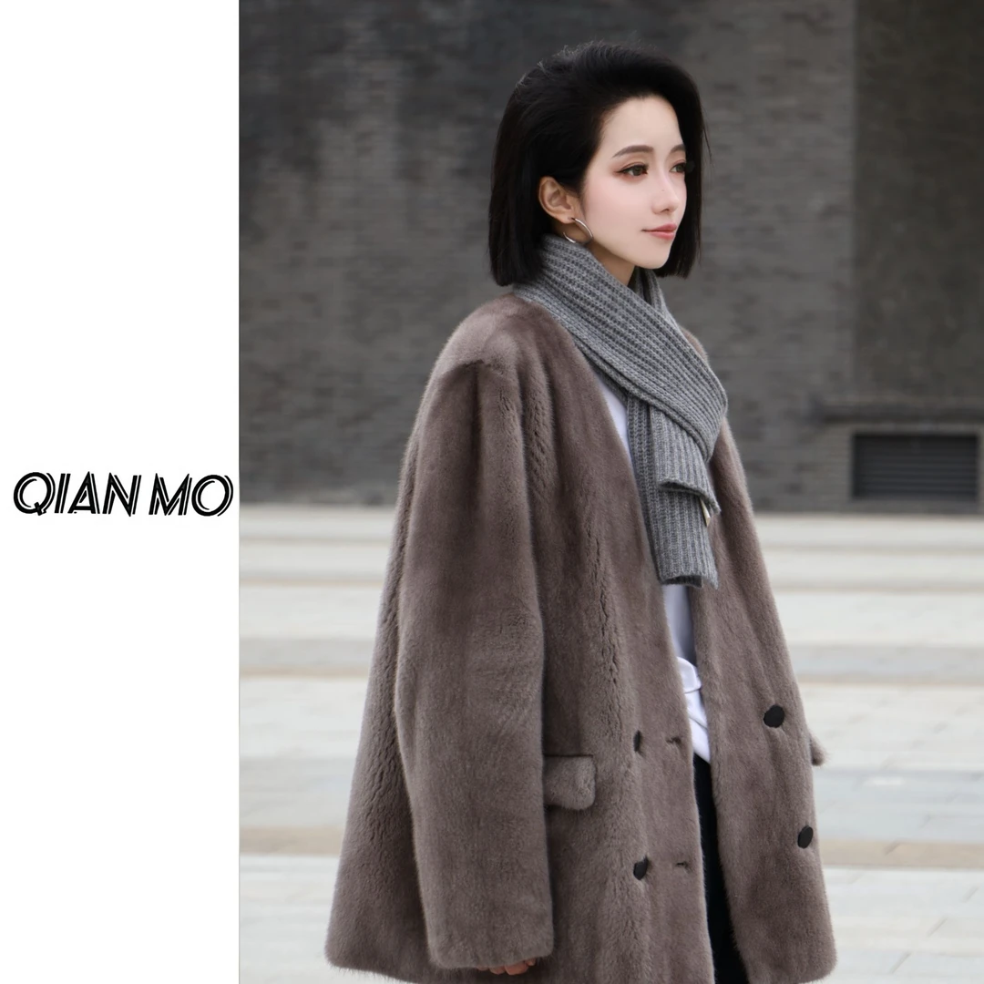 【灰窑】V领进口水貂皮草女装中长款 短二貂皮大衣外套X558