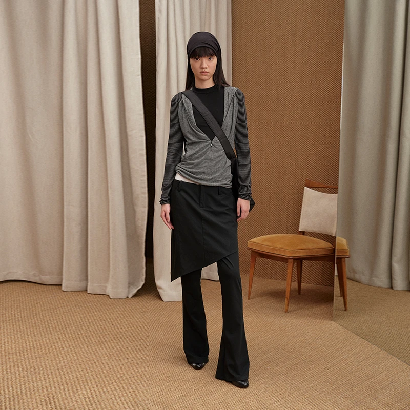 NUTH黑色假两件微喇叭修身休闲裤女