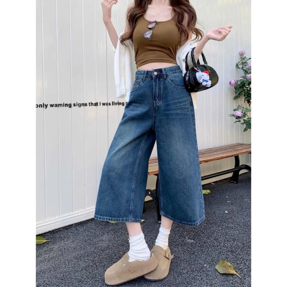 大码美式复古水洗七分牛仔裤女2025夏季新款高腰垂感直筒阔腿裤子