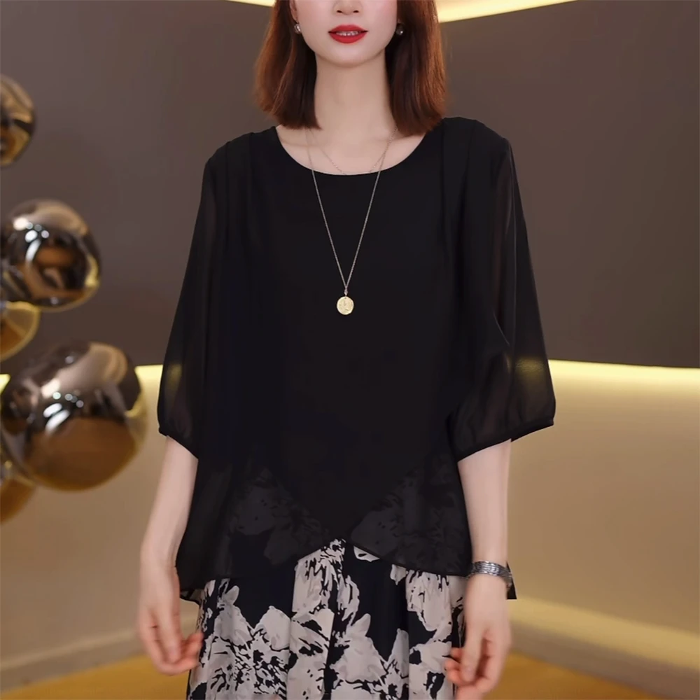 2025夏季新款女黑色短袖雪纺T恤宽松时尚不规则洋气减龄高端上衣