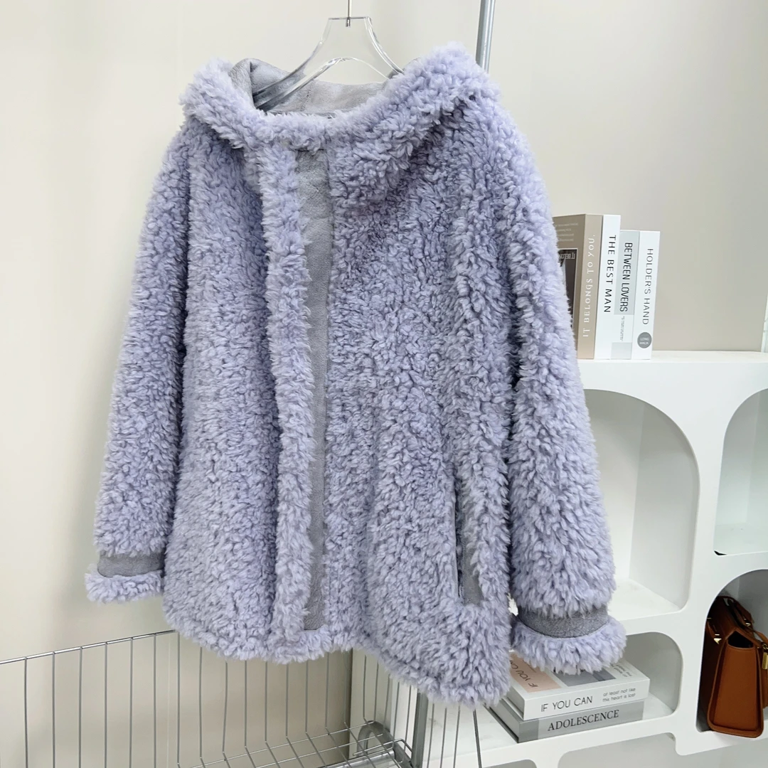 反季特惠海宁100羊毛一体休闲双面穿帽款外套女冬装