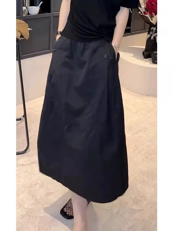 极简风口袋女中长款夏季新款胖妹妹高腰半身裙夏季气质A字裙百搭
