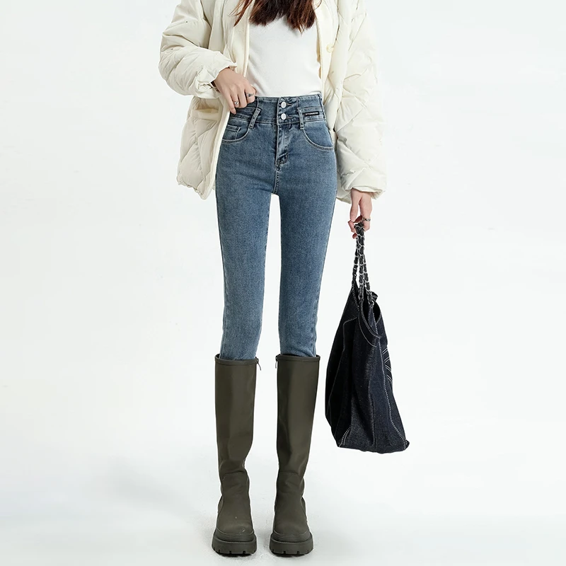 REDR高腰修身小脚牛仔裤女小个子弹力紧身设计感铅笔裤子