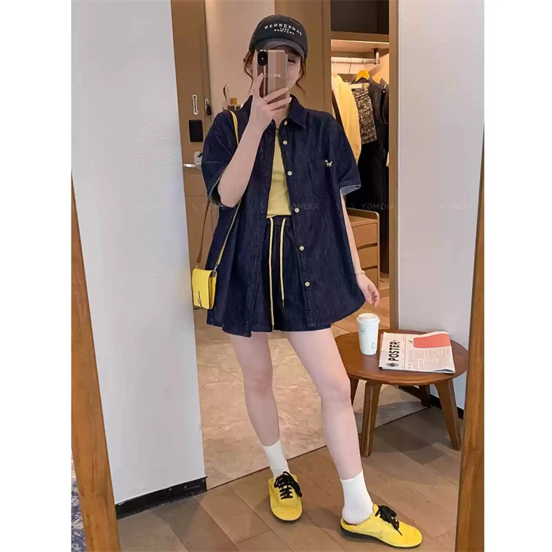 高级感牛仔套装复古韩版女2025春夏新款马甲衬衫阔腿短裤两件套潮