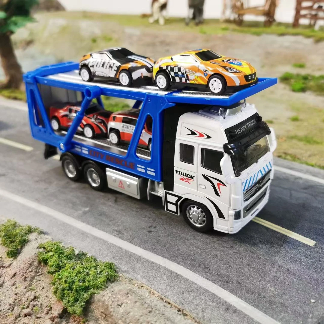 合金双层拖车 带音效【配4个小车】20厘米 儿童回力模型玩具 礼盒