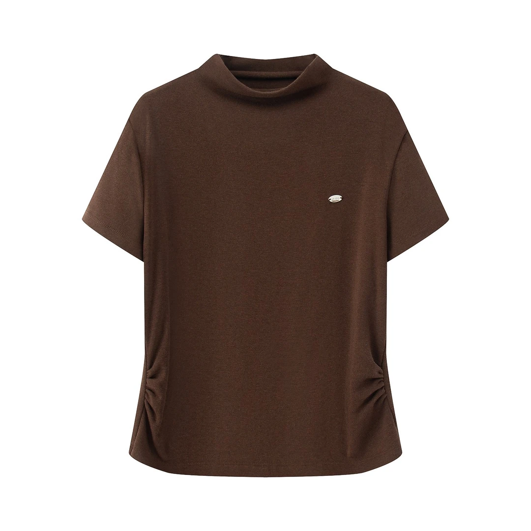 艾家商场同款女装2025秋新款时尚休闲纯色短袖小高领毛针织衫3013