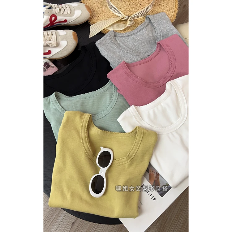 【万能质感T)】韩版百搭宽松显瘦花边领螺纹纯色短袖T恤女夏季必入